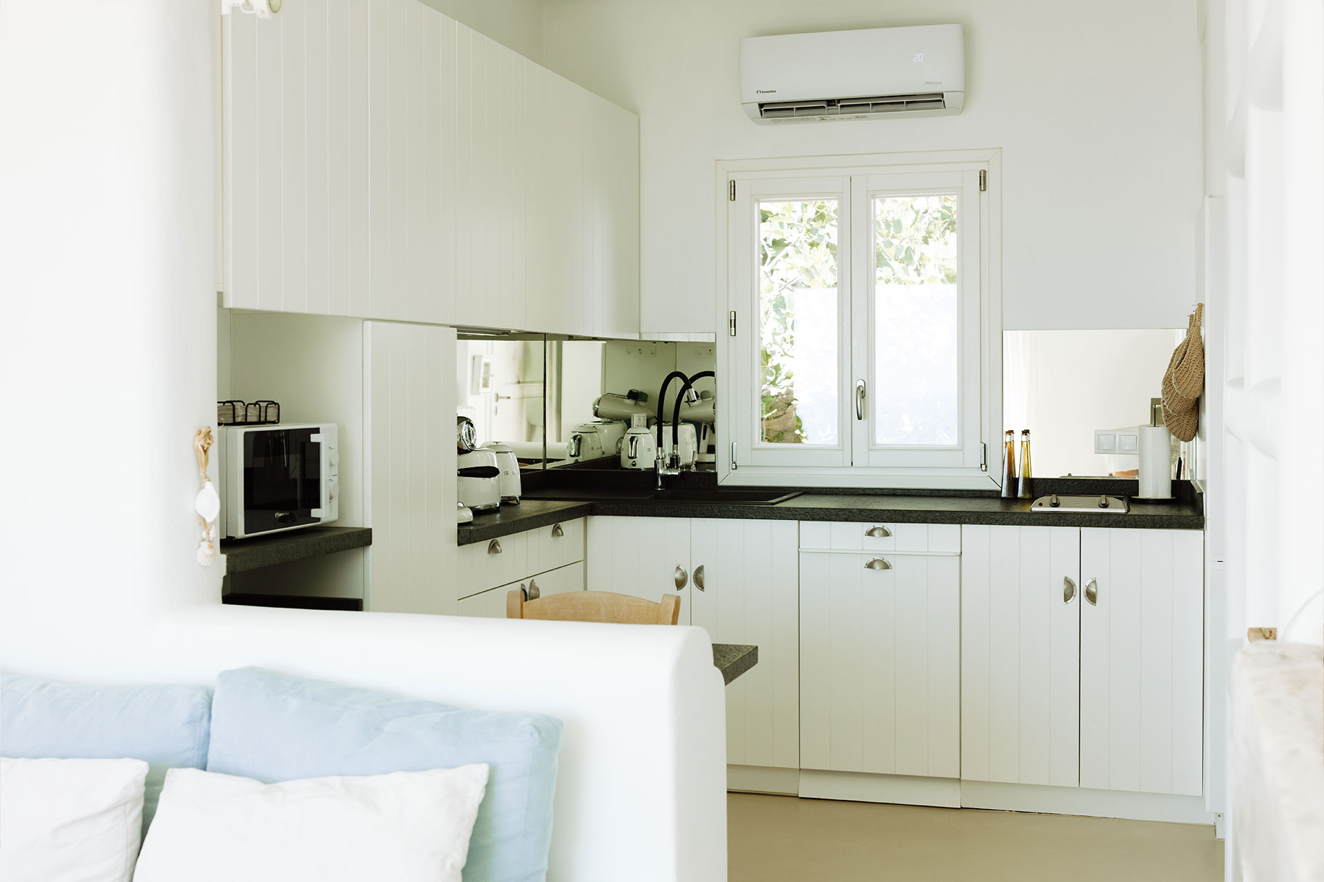 living room and kitchen Villa Rizza island of Andros Greece 