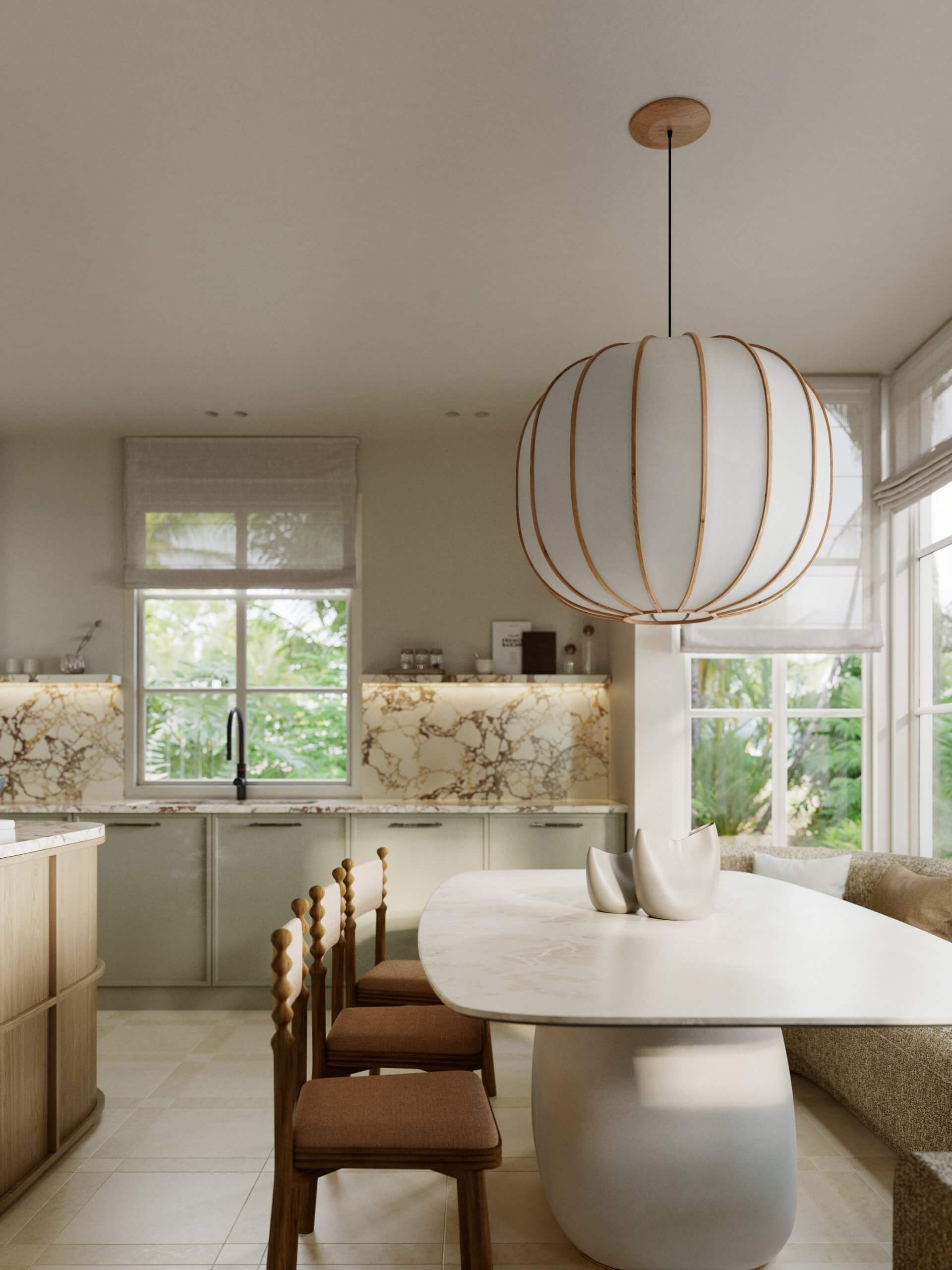 cuisine noyer et marbre avec îlot et salle à manger décoration contemporaine cuisine noyer et marbre avec îlot et salle à manger décoration contemporaine