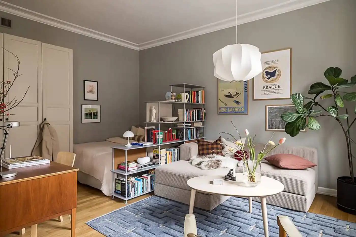 studio aménagé avec lit séparé par bibliothèque