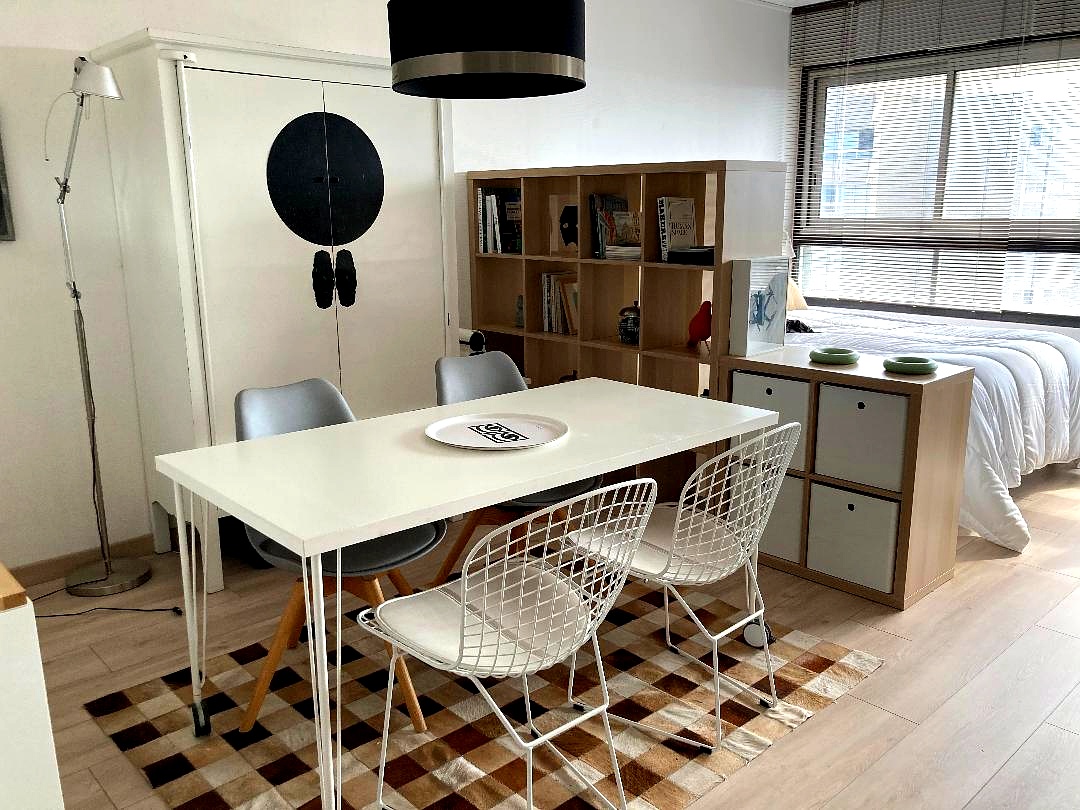 studio aménagé avec lit séparé du salon par bibliothèque