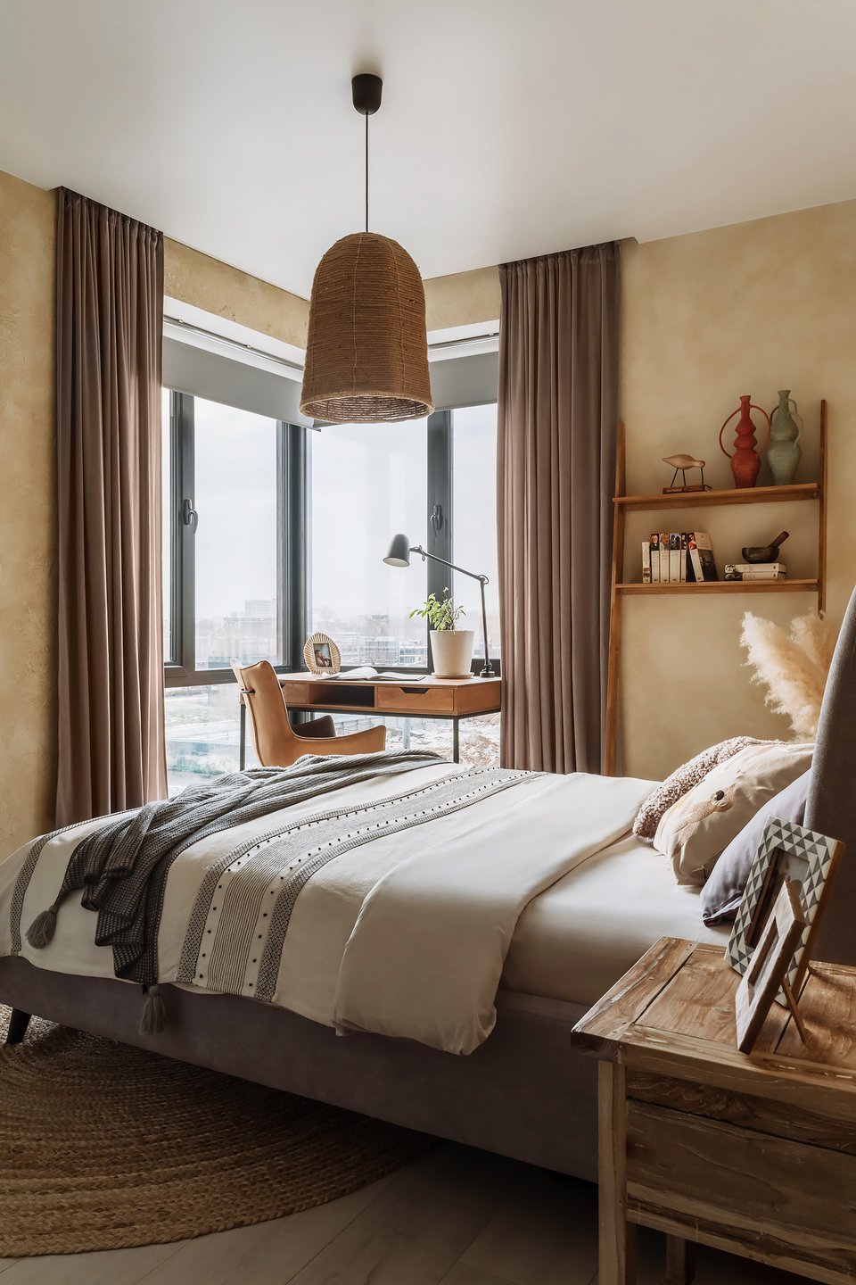 modern ethnic bedroom with office