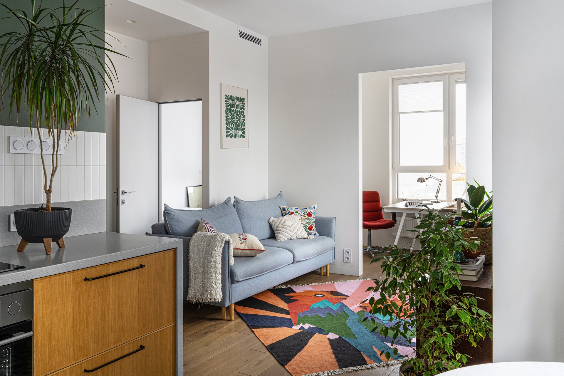 salon décoration contemporaine avec tapis graphique et coloré appartement 50m2