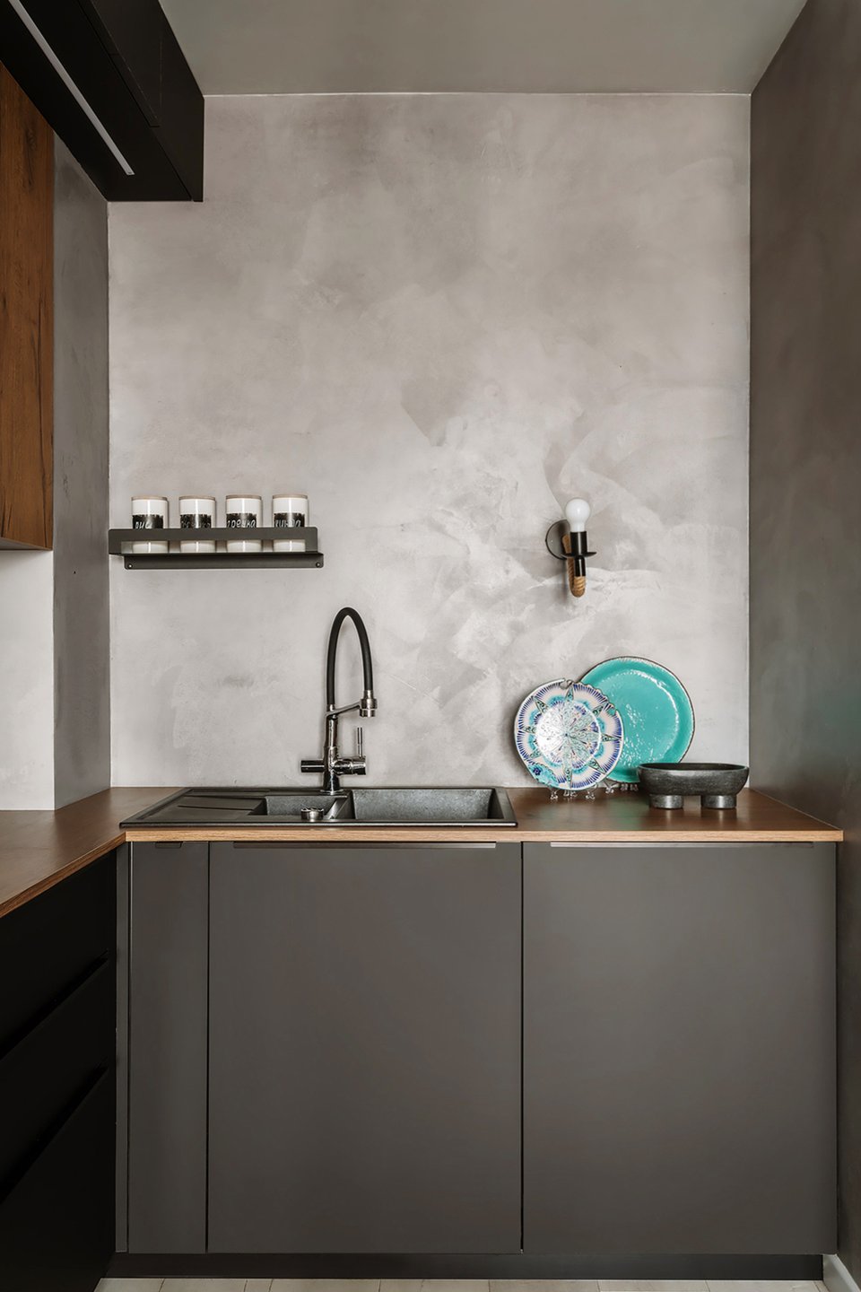 open gray kitchen 60sqm apartment contemporary decor