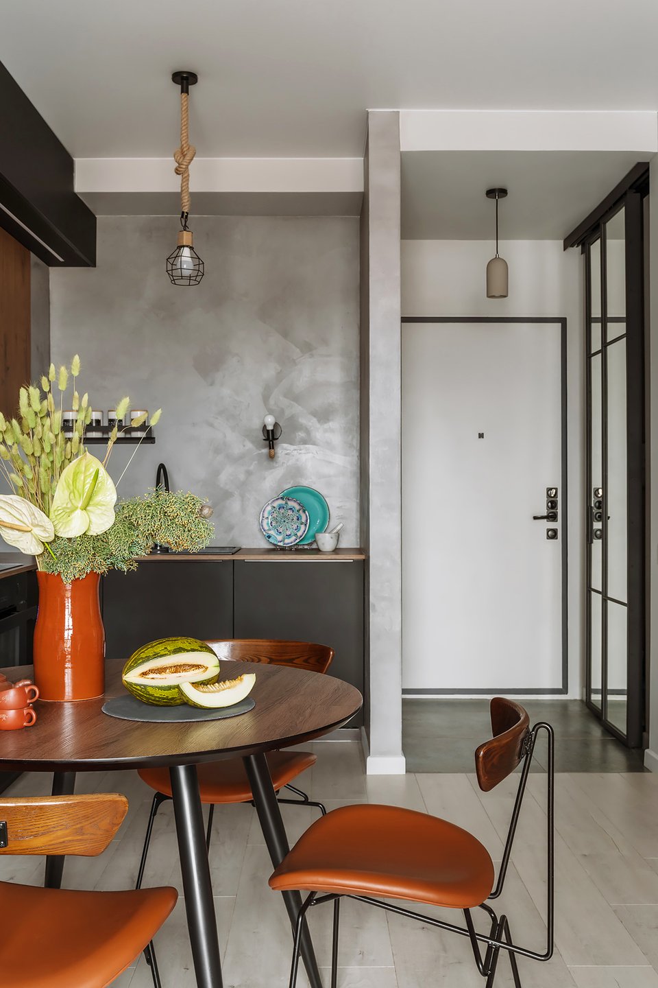 dining room and open gray kitchen 60sqm apartment contemporary decor