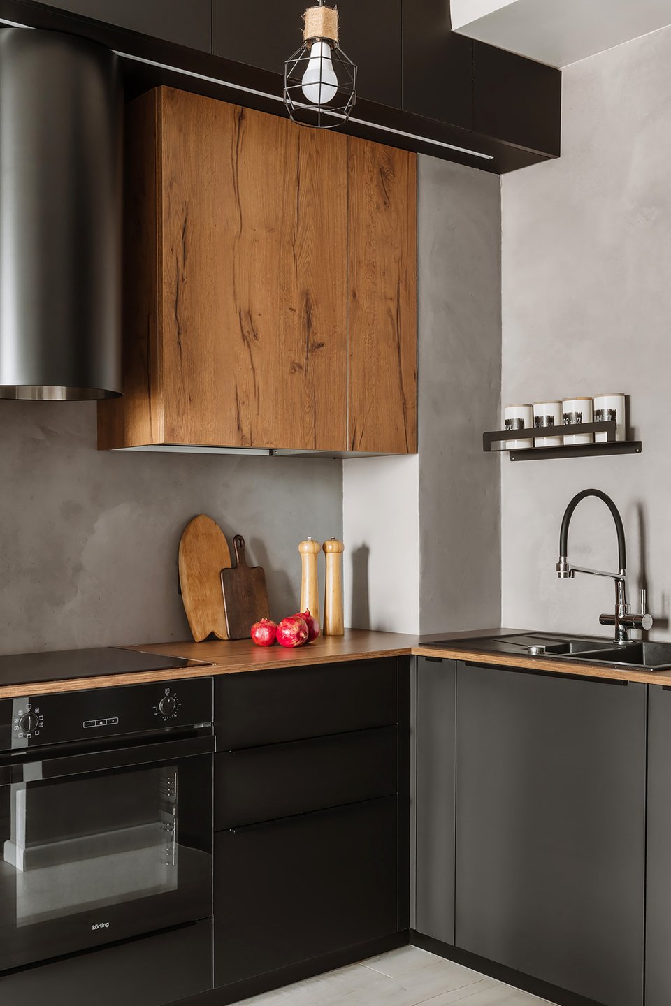 open gray kitchen 60sqm apartment contemporary decor