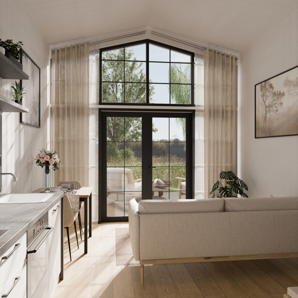 salon double hauteur pignon vitré tiny house Lucia par Vagabond Haven