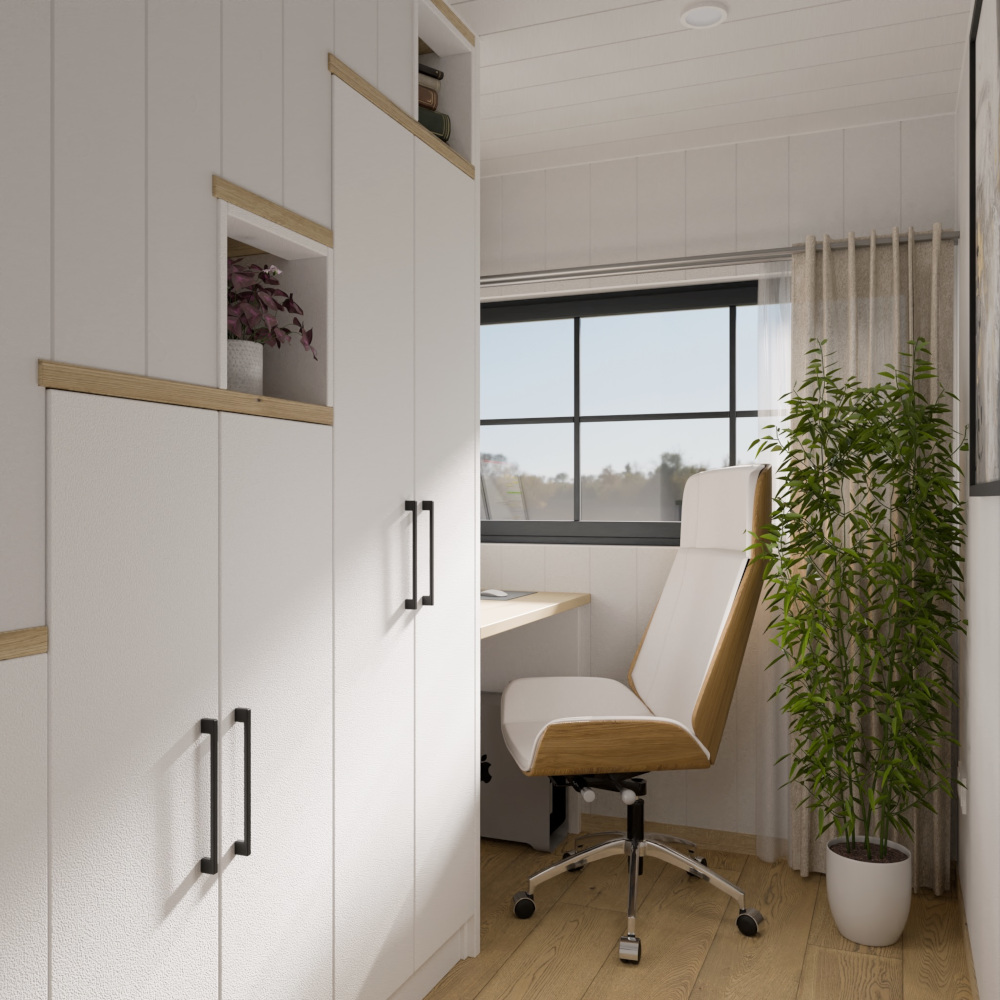 espace bureau sous escalier tiny house Lucia par Vagabond Haven