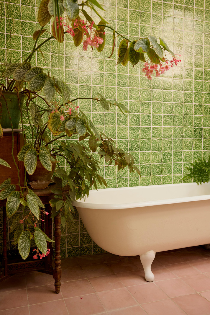 salle de bain verte et rose avec plantes décoration vintage maison dans ancienne école victorienne Londres salle de bain verte et rose avec plantes décoration vintage maison dans ancienne école victorienne Londres
