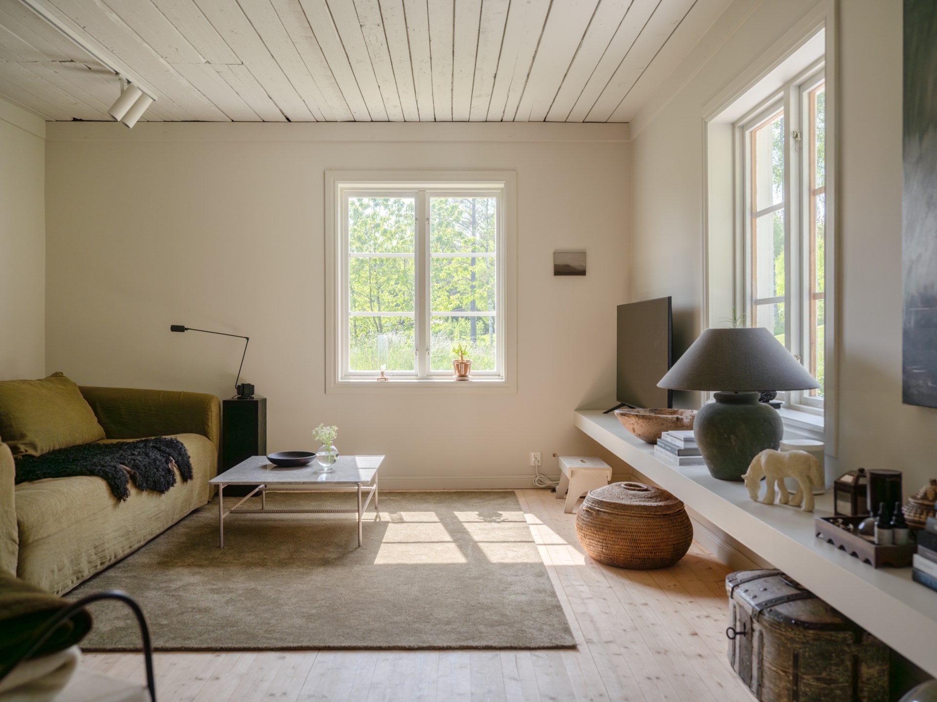 salon tons beiges et kaki décoration scandinave
