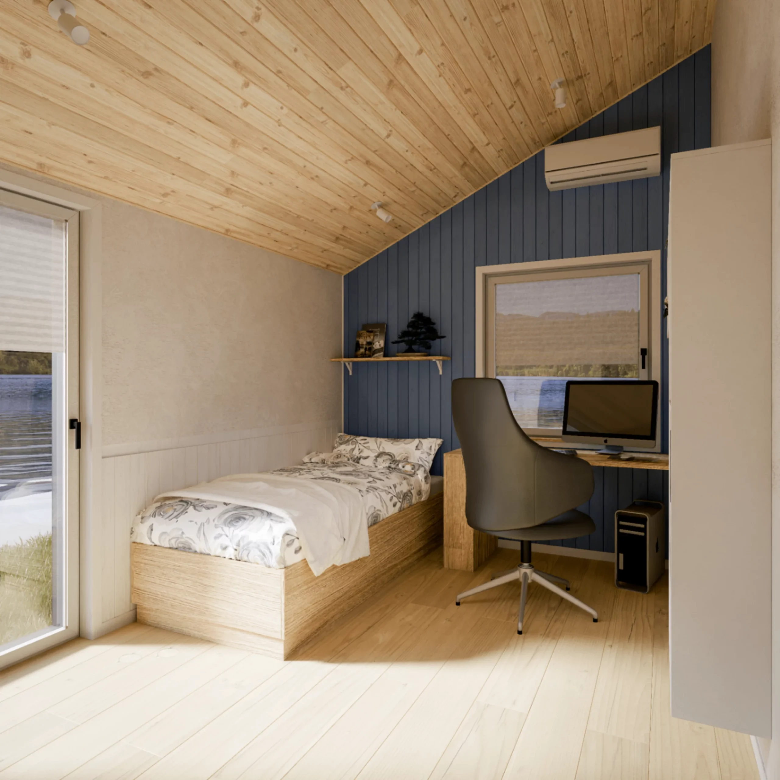 chambre bleue et blanche