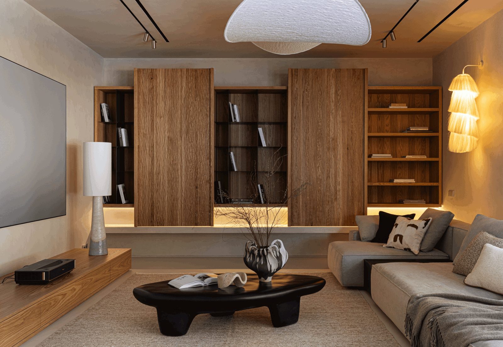 salon décoration contemporaine neutre bois et gris