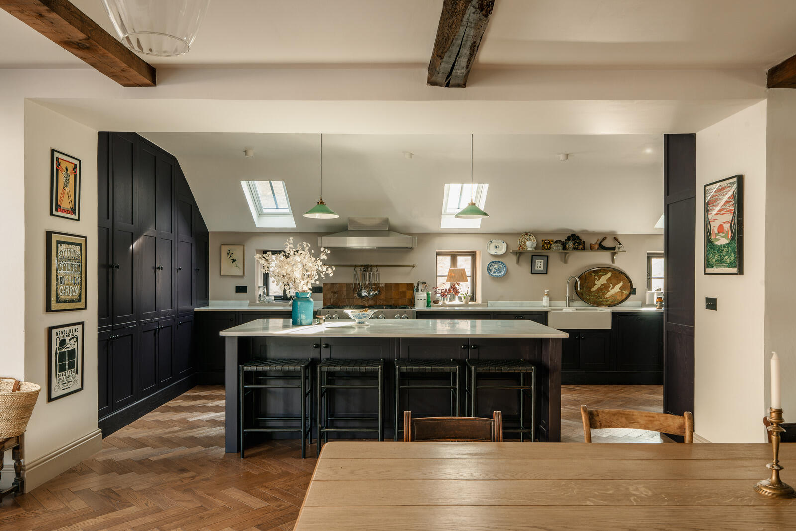 large kitchen with dining room classic chic decor Tudor-style village house