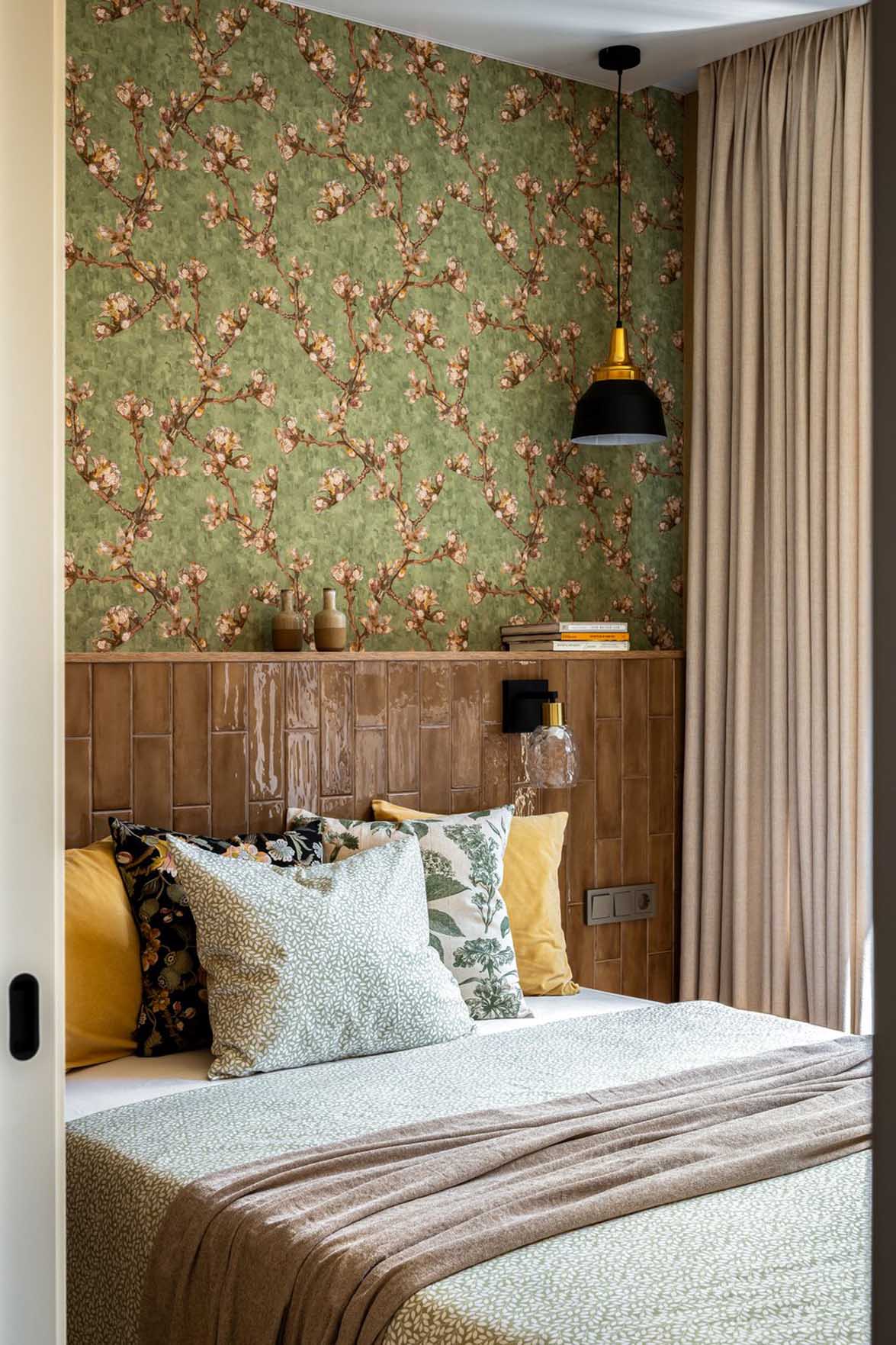 bedroom with green wallpaper and ceramic headboard contemporary decor 38sqm apartment