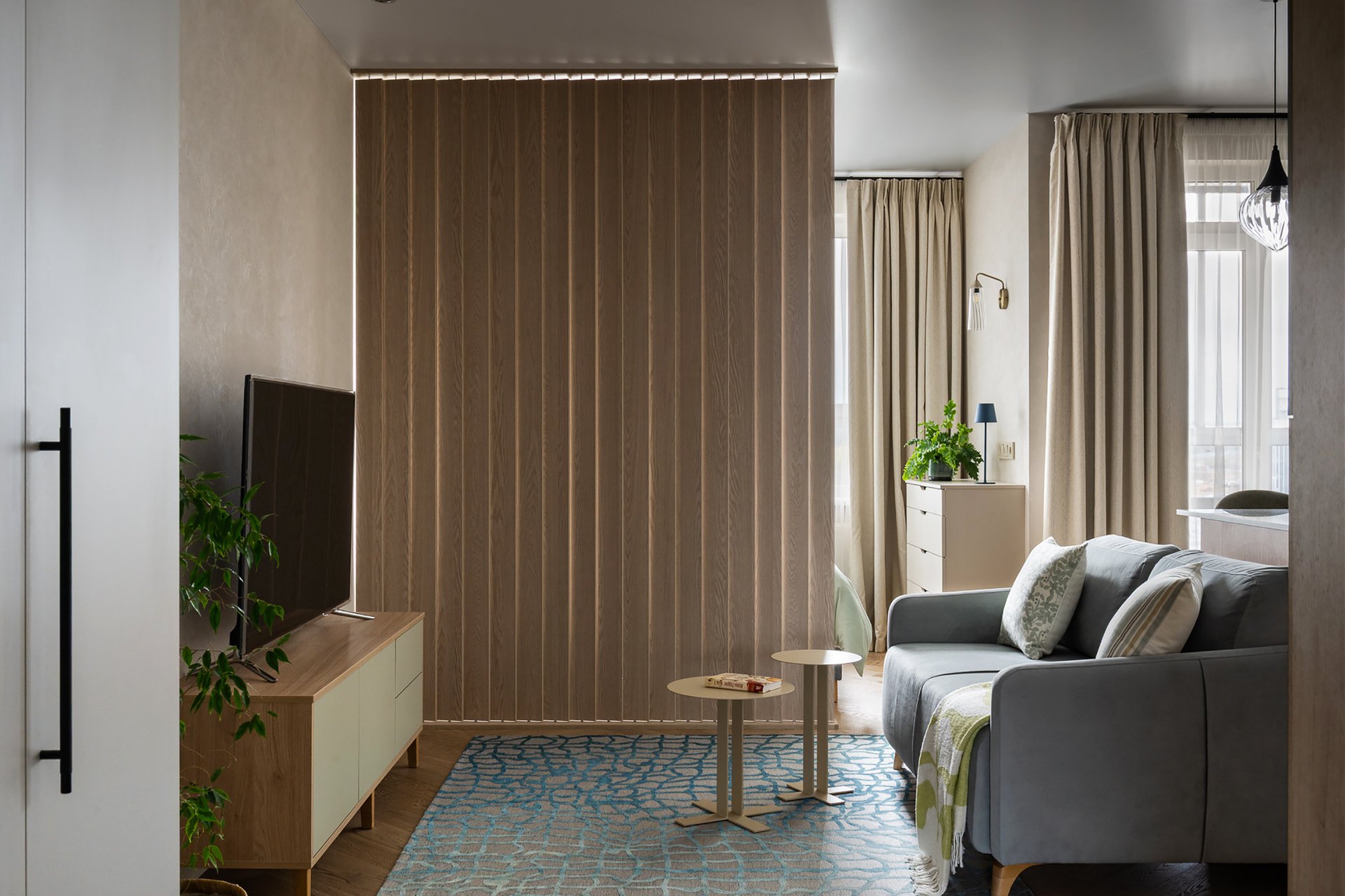 living room and bedroom contemporary decor 39sqm studio with wooden partition