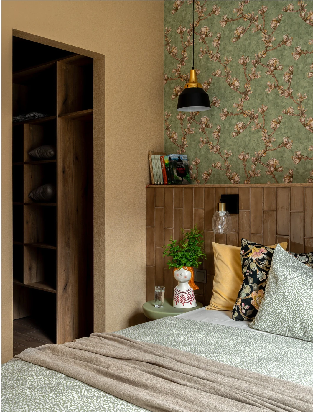 bedroom with green wallpaper and ceramic headboard contemporary decor 38sqm apartment