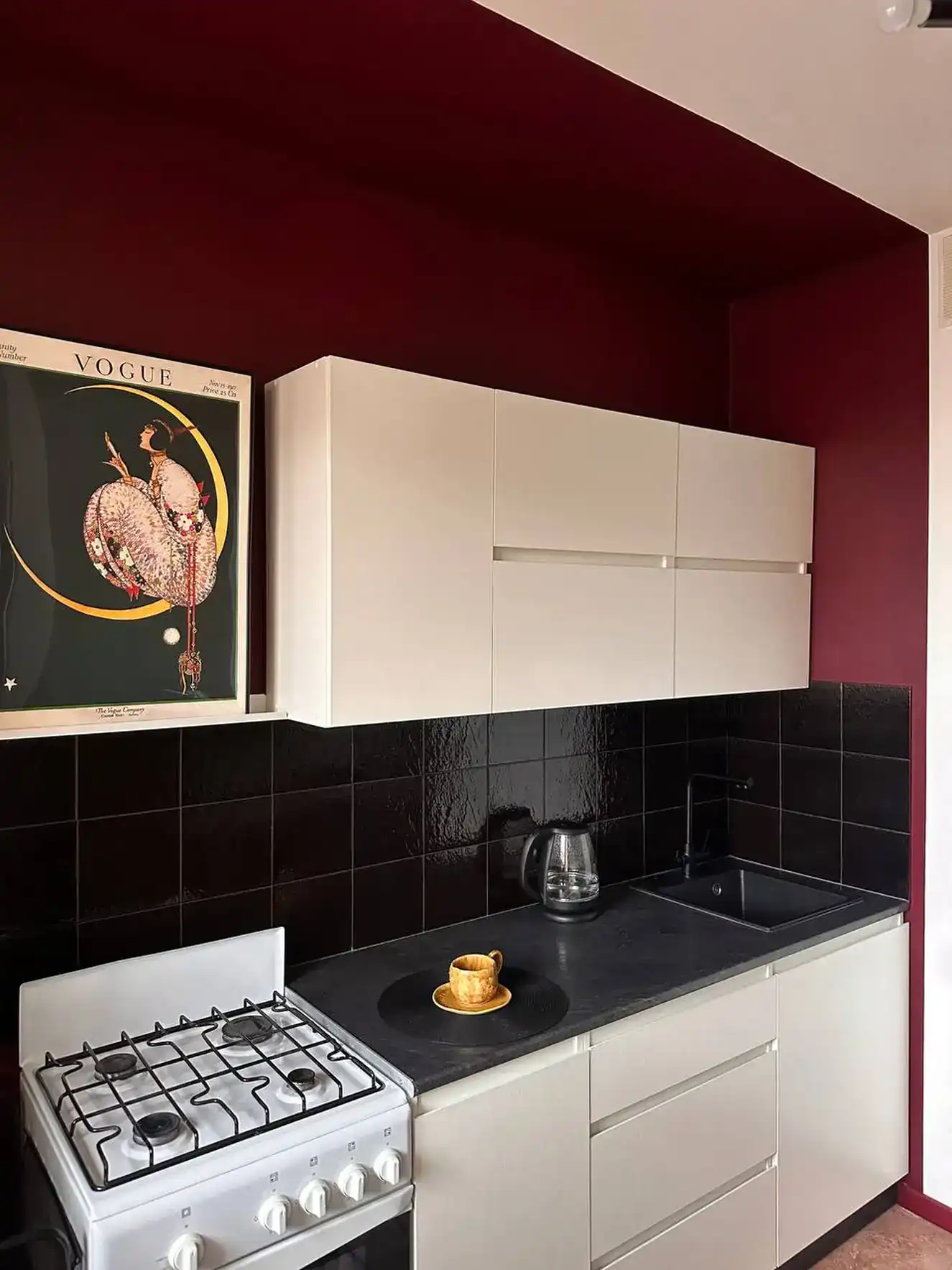 kitchen white and burgundy 