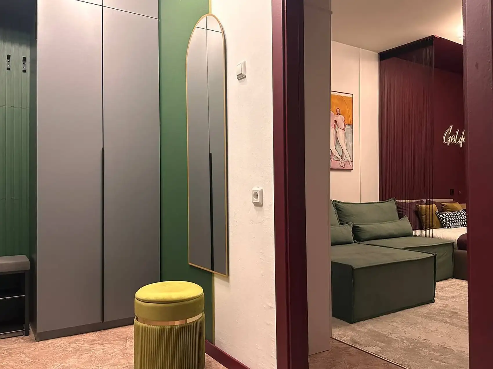 entrance and living room in green and burgundy 37sqm studio contemporary decor