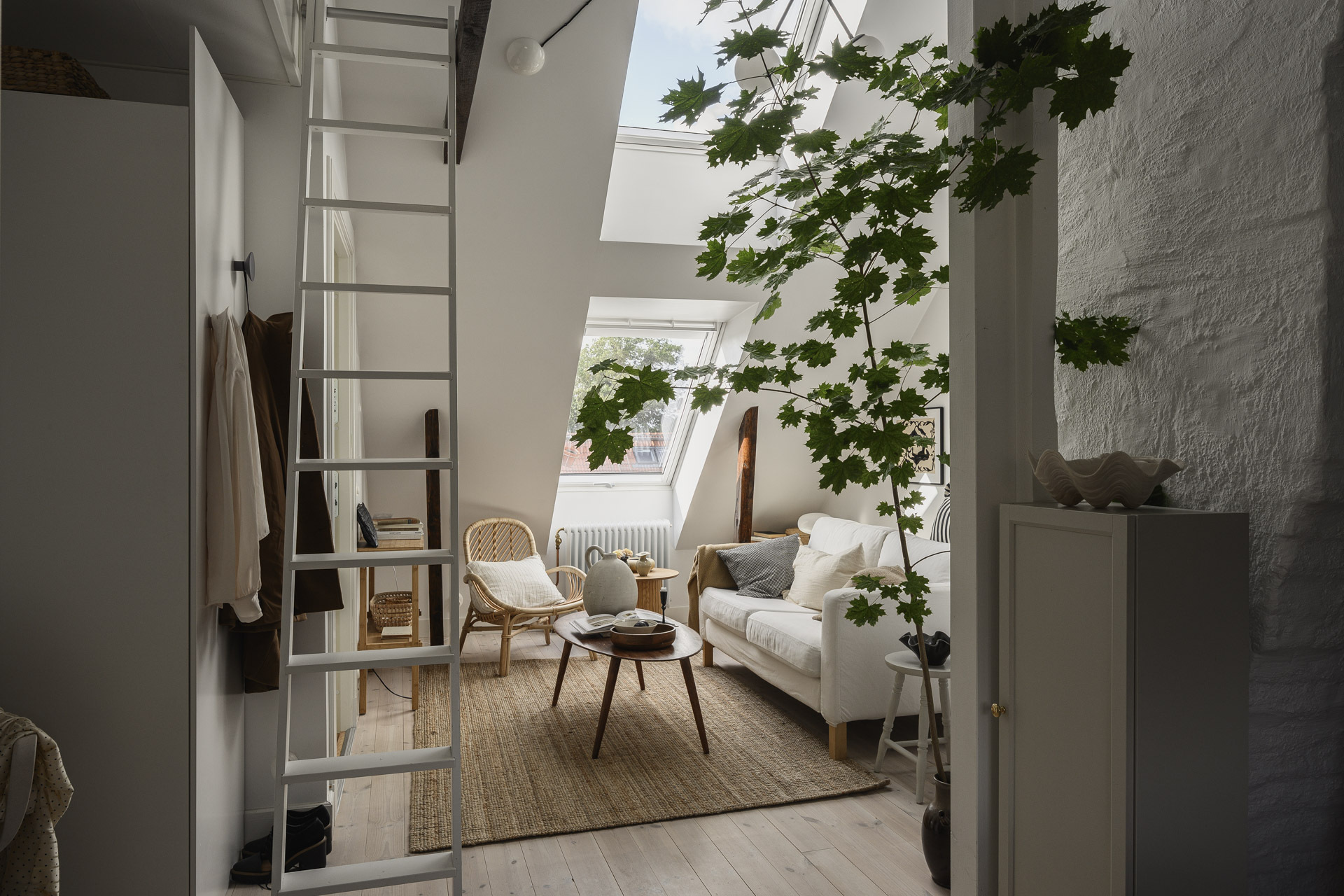 salon avec velux décoration scandinave studio mansardé 24m2 avec mezzanine salon avec velux décoration scandinave studio mansardé 24m2 avec mezzanine