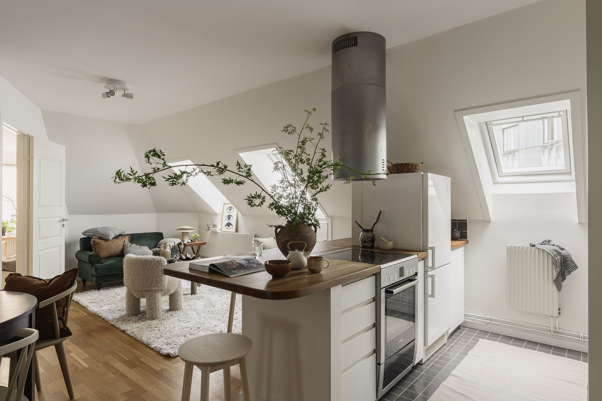 salon et cuisine ouverte décoration scandinave appartement 49m2