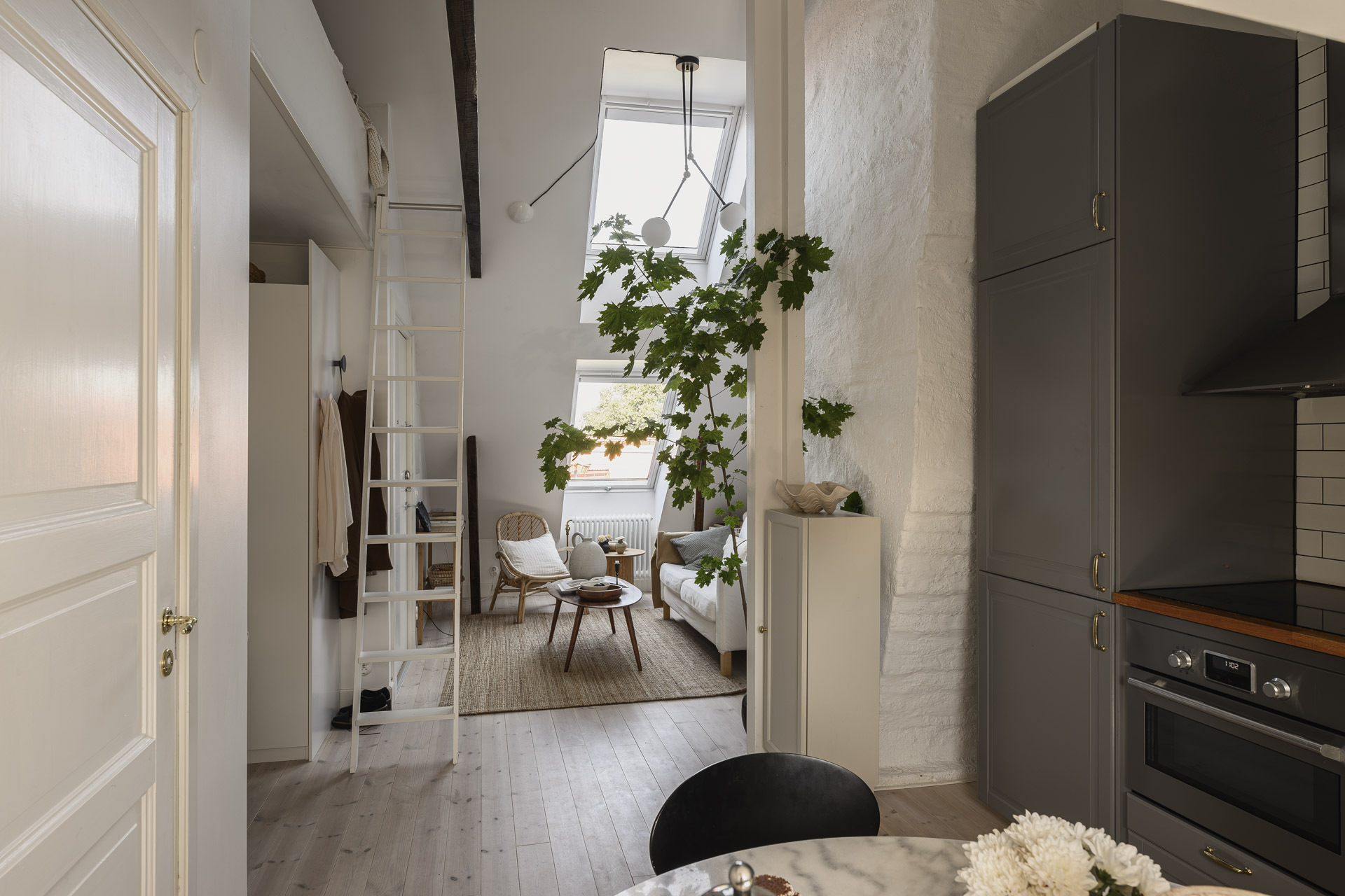 salon et cuisine décoration scandinave studio mansardé 24m2 avec mezzanine salon et cuisine décoration scandinave studio mansardé 24m2 avec mezzanine