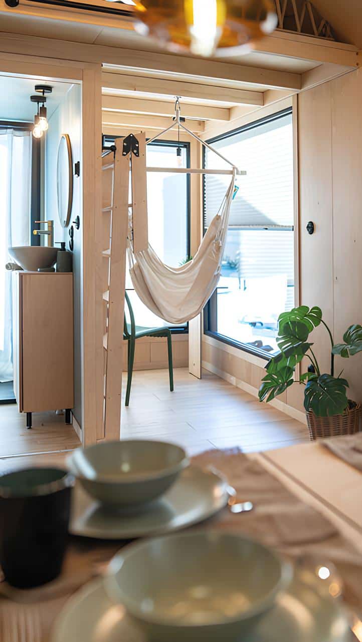 espace bureau avec hamac tiny house de 27m2 Julia Vagabond Haven espace bureau avec hamac tiny house de 27m2 Julia Vagabond Haven