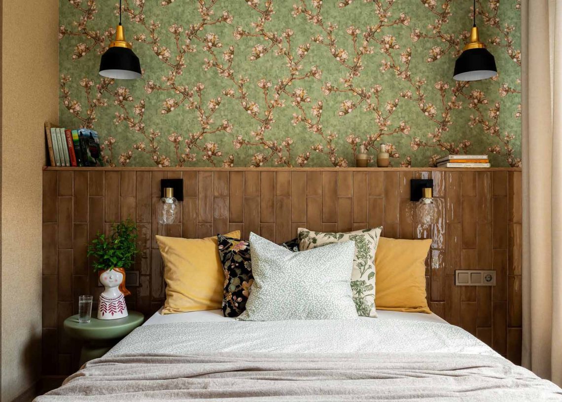 bedroom with green wallpaper and ceramic headboard contemporary decor 38sqm apartment