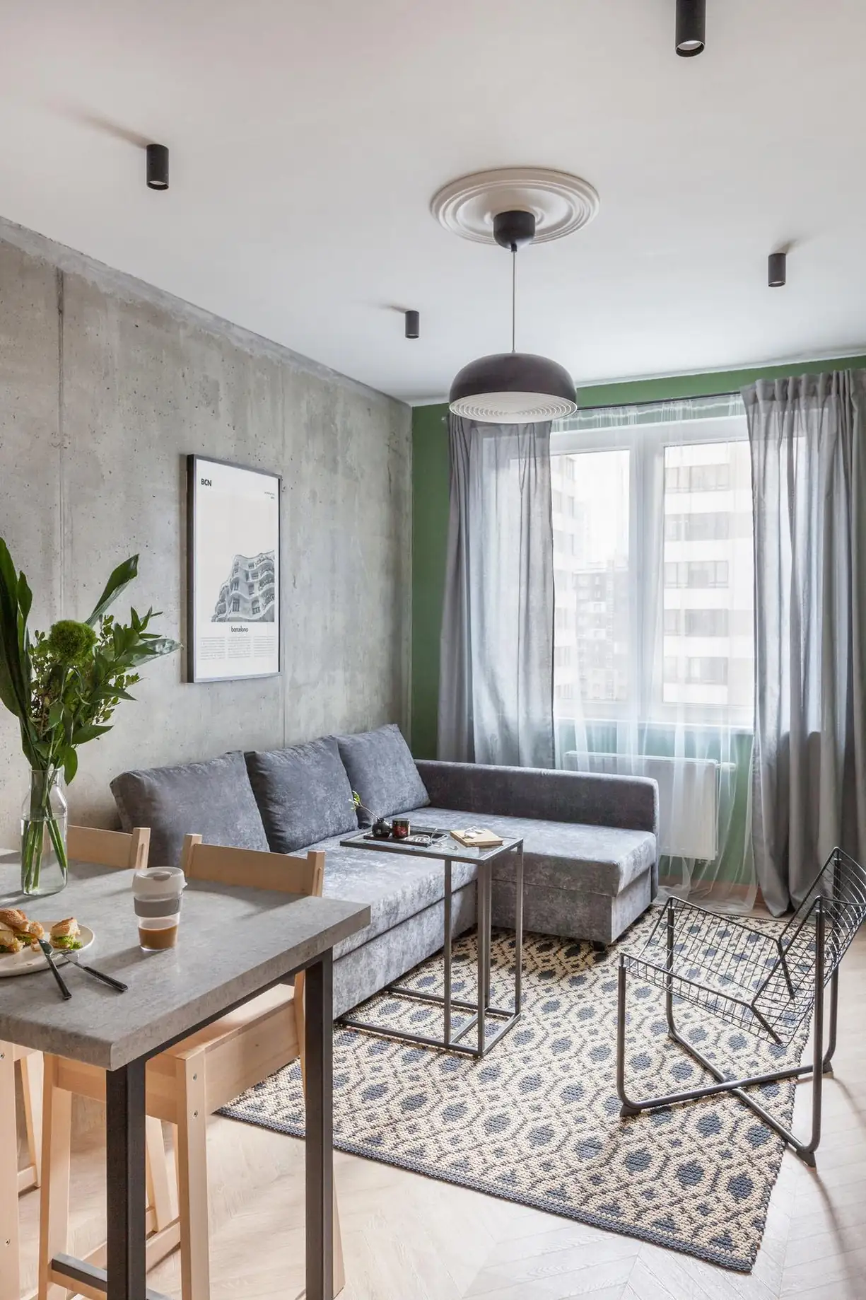 living room and concrete and Plywood modern kitchen in 45sqm apartment with a glass brick partition