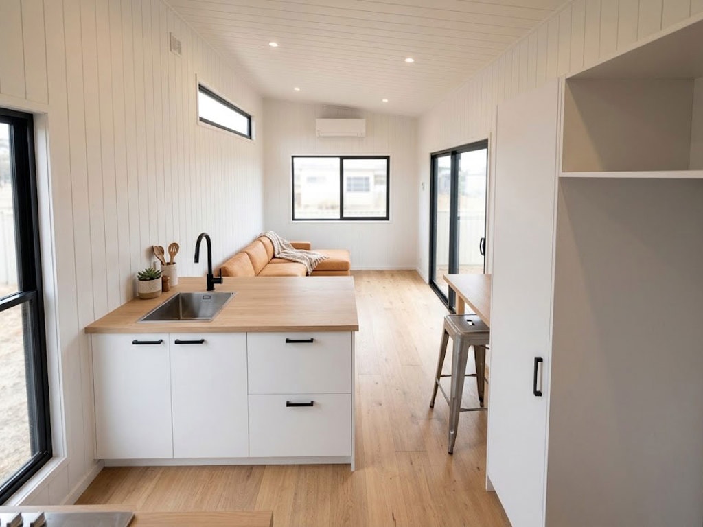 salon et cuisine tiny house sans mezzanine 30m2 Coolum par Aussie Tiny Houses salon et cuisine tiny house sans mezzanine 30m2 Coolum par Aussie Tiny Houses
