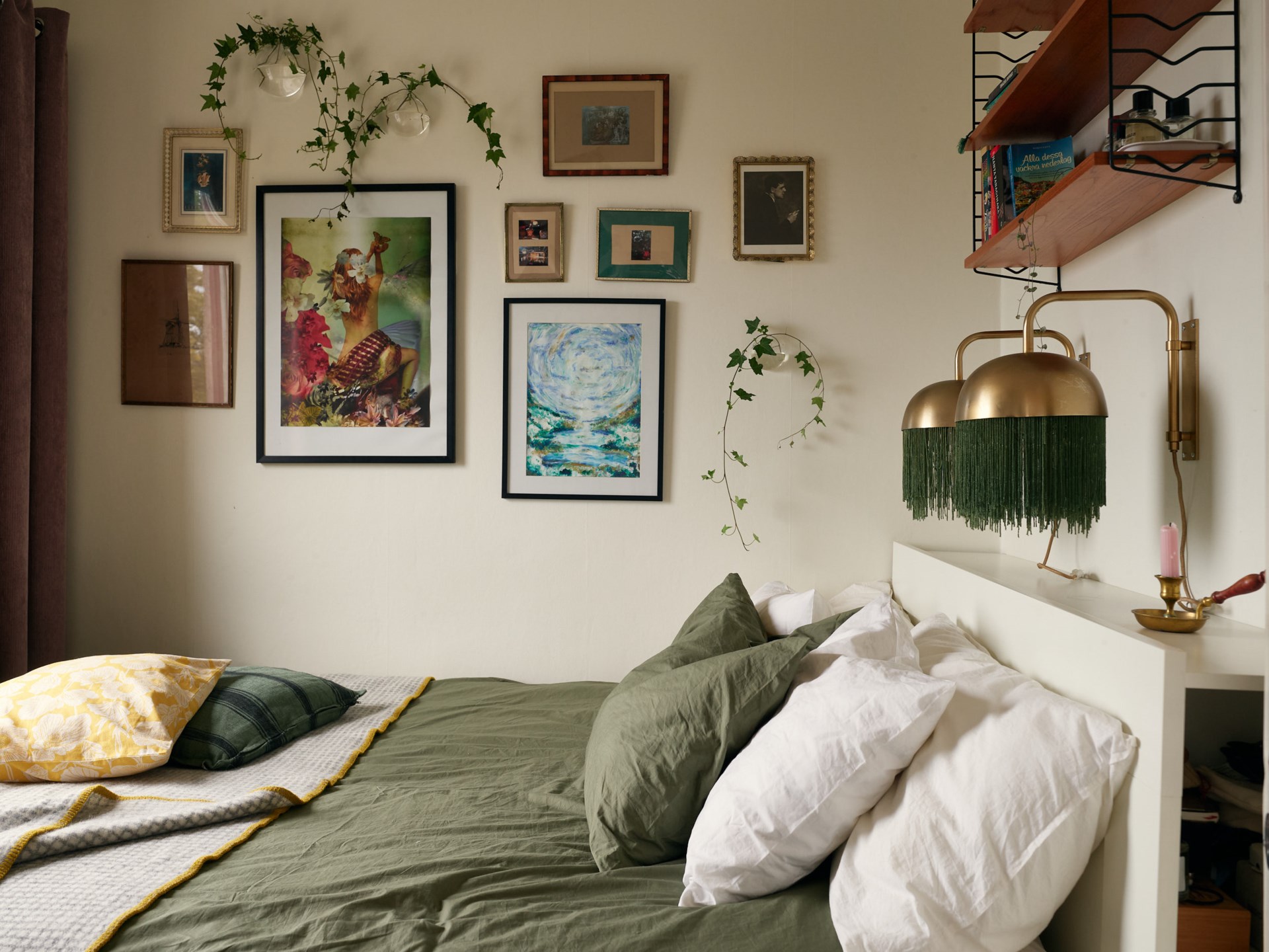 chambre crème et verte style scandinave bohème