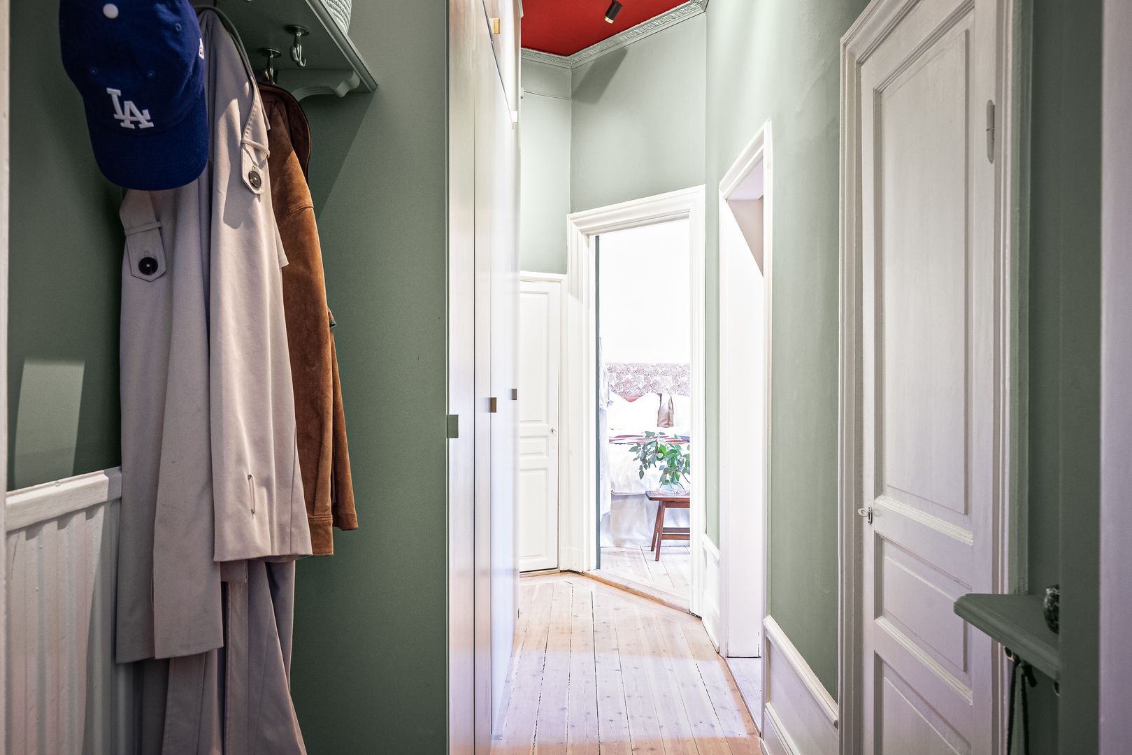 entrée murs verts studio ancien 39m2 décoration scandinave et vintage
