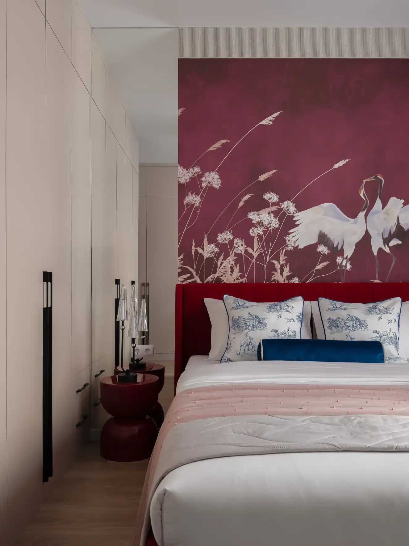burgundy modern and classic bedroom with crane wallpaper burgundy modern and classic bedroom with crane wallpaper