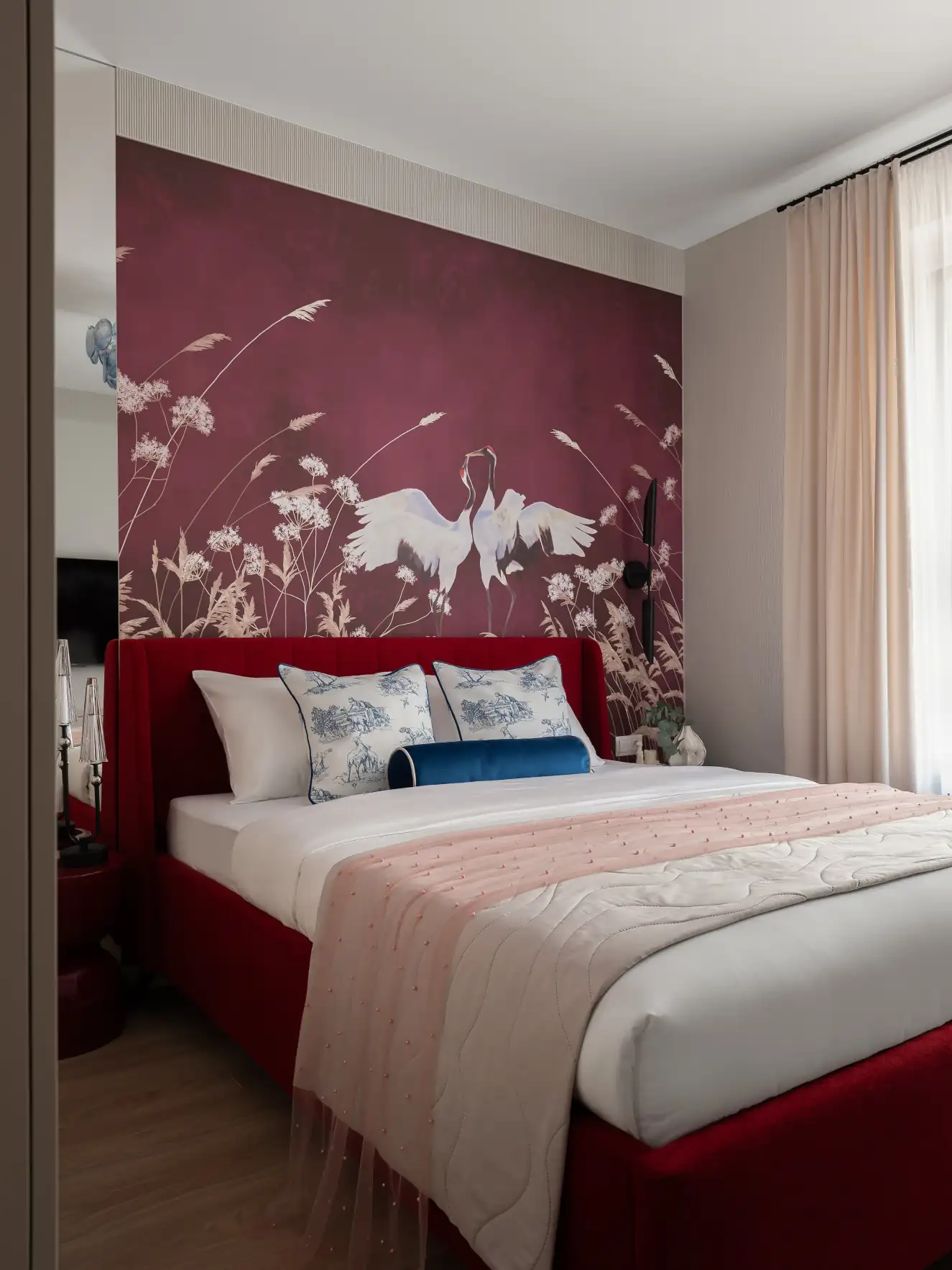 burgundy modern and classic bedroom with crane wallpaper burgundy modern and classic bedroom with crane wallpaper