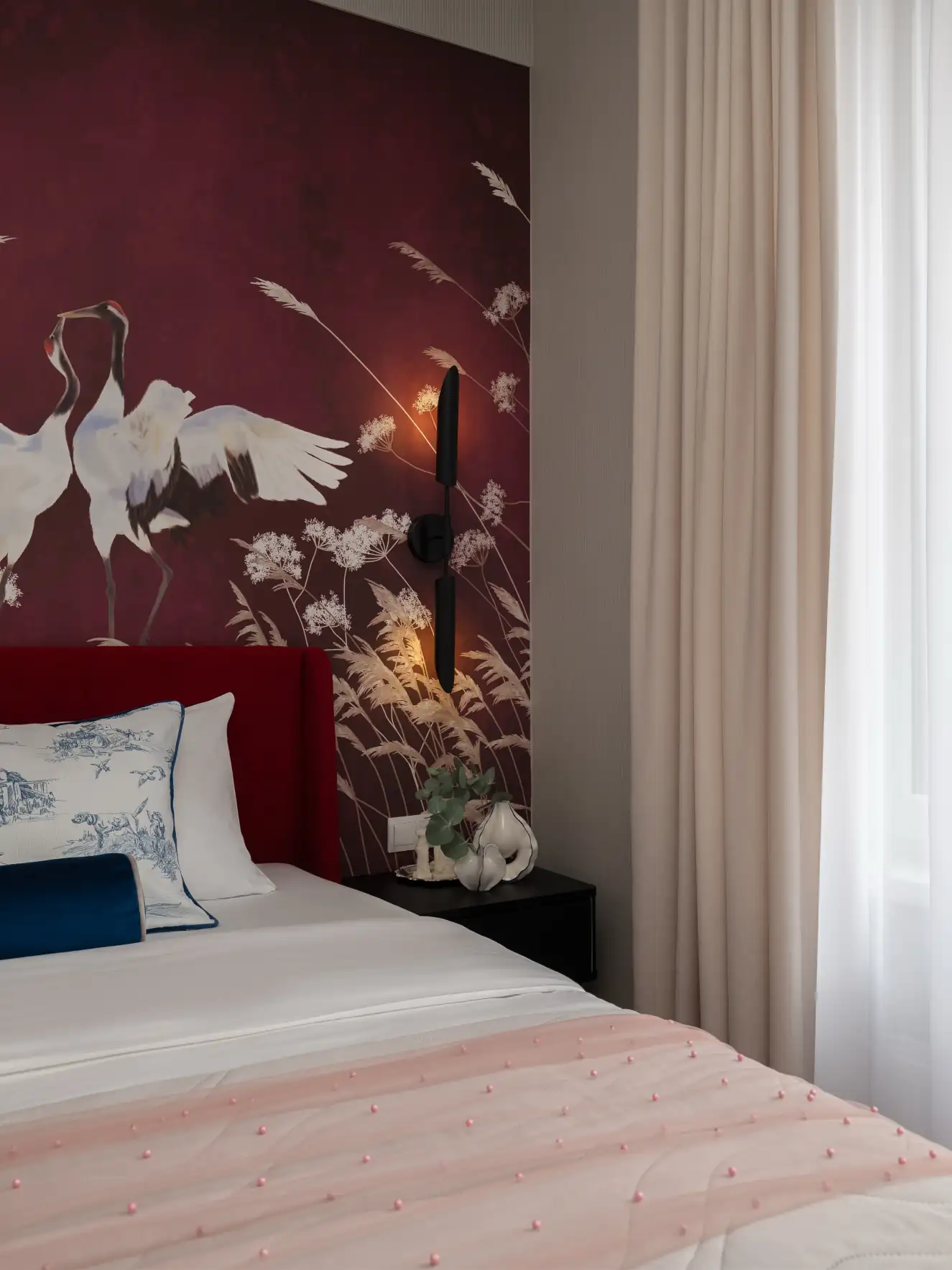 burgundy modern and classic bedroom with crane wallpaper burgundy modern and classic bedroom with crane wallpaper