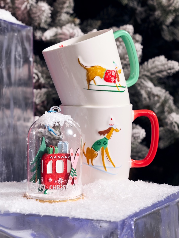 mug chien avec pull dans la neige et sur des skis