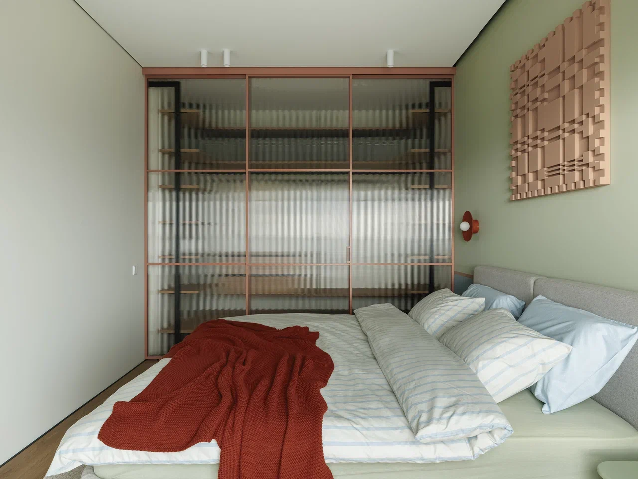 chambre mur vert et bleu appartement de 45m2 décoration contemporaine et colorée dressing verre canelé