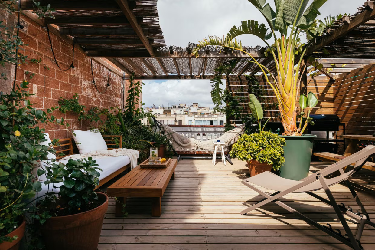 wooden terrace on a rooftop Barcelona apartment contemporary decor