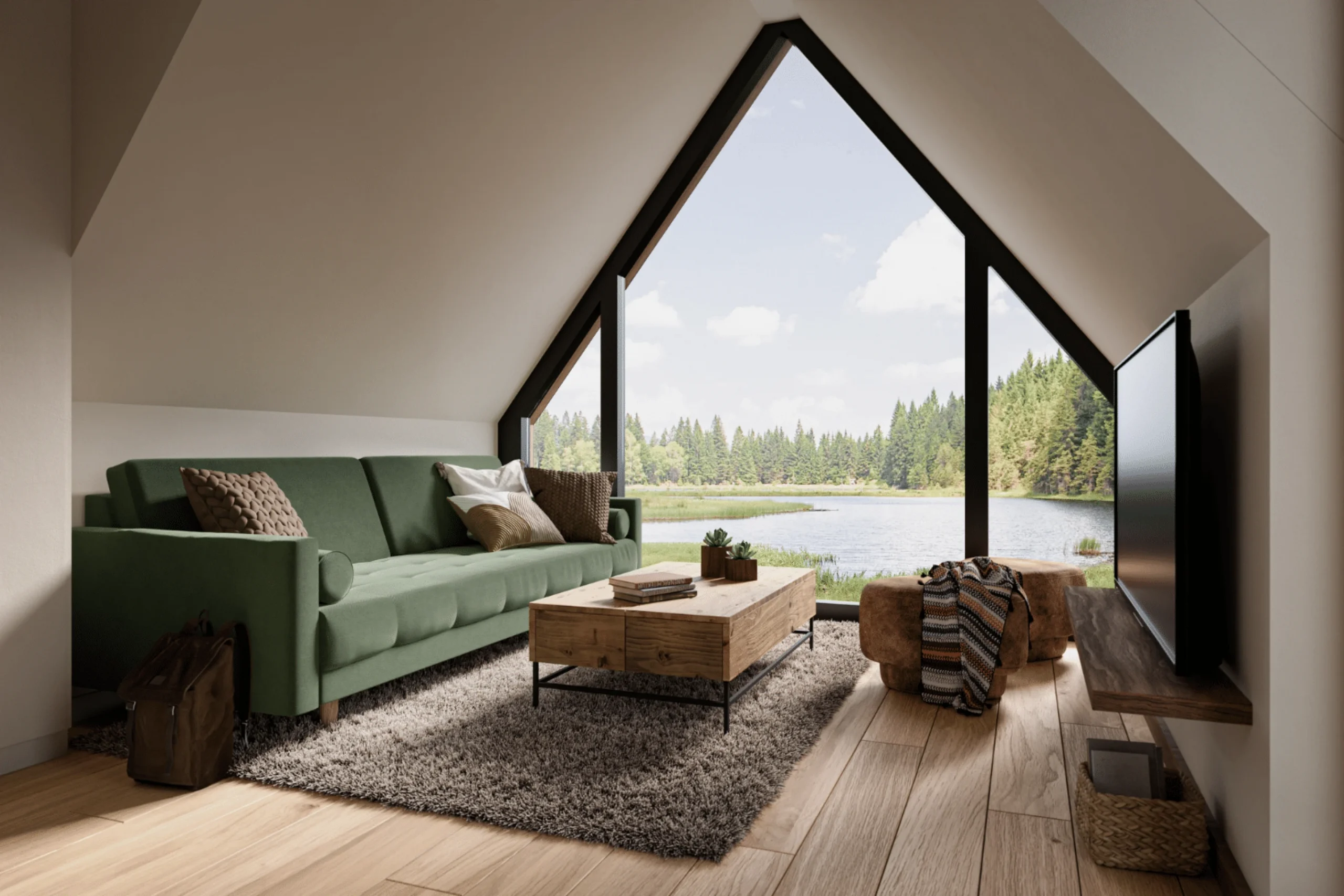salon décoration contemporaine avec pignon vitré petite maison A-Frame 37m2 A-Frame Bunkhouse par Zook Cabins