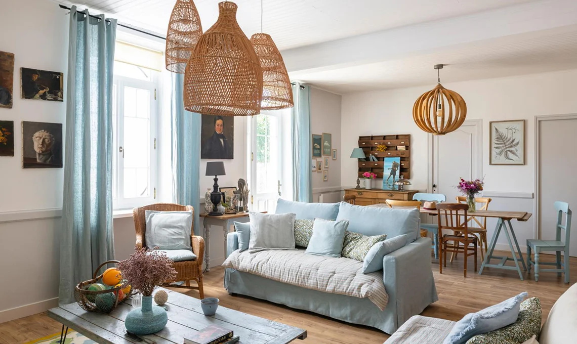 living room with light blue sofa French house classic chic decor