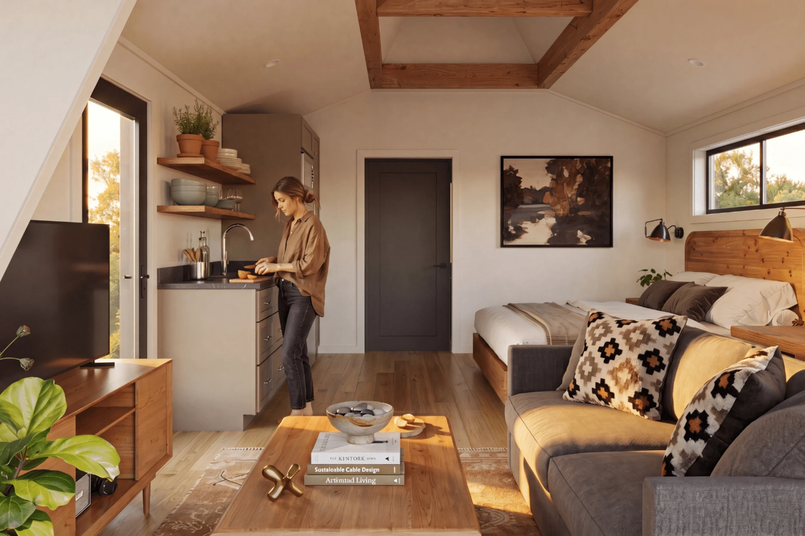 cuisine ouverte et salon maison A-Frame de 43m2 par Zook