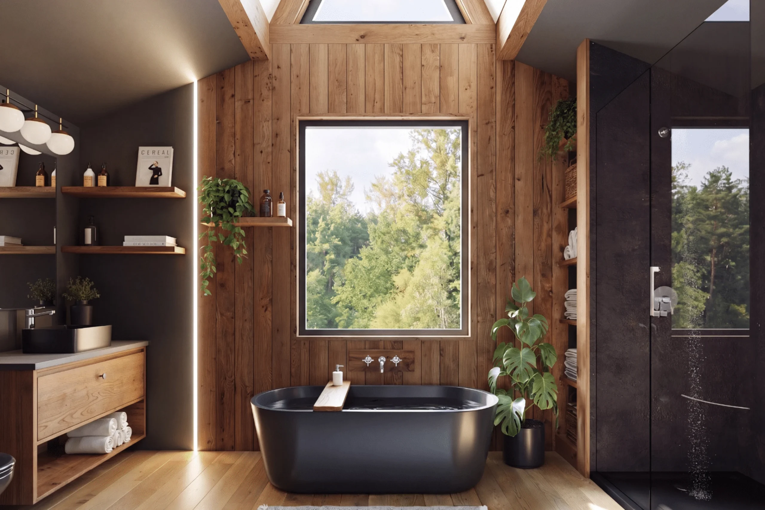 grande salle de bain design bois et noir maison A-Frame de 43m2 par Zook