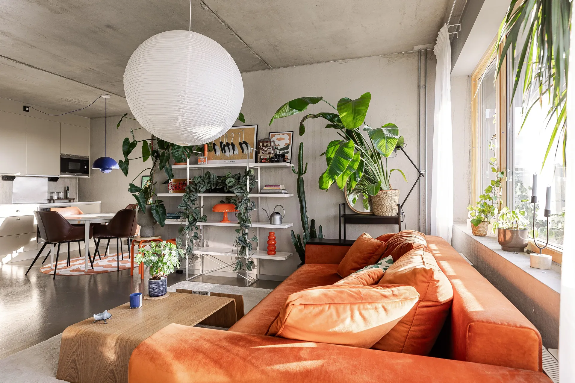 open white kitchen dining room and living room with concrete floor walls and ceiling 48sqm two-room apartment Scandinavian decor