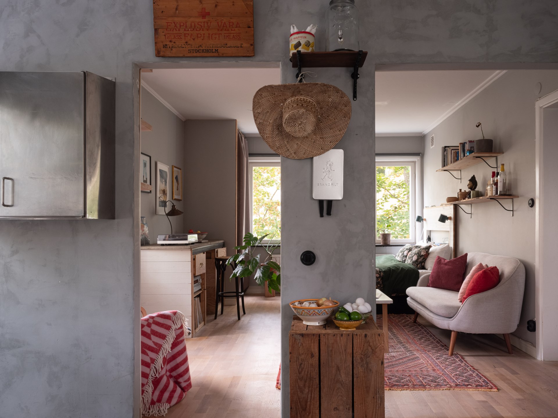 living room and semi open kitchen 42sqm studio Scandinavian decor