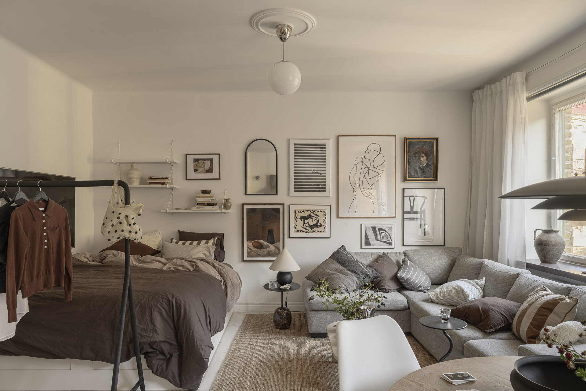 salon et espace chambre décoration scandinave studio 38m2 ancien