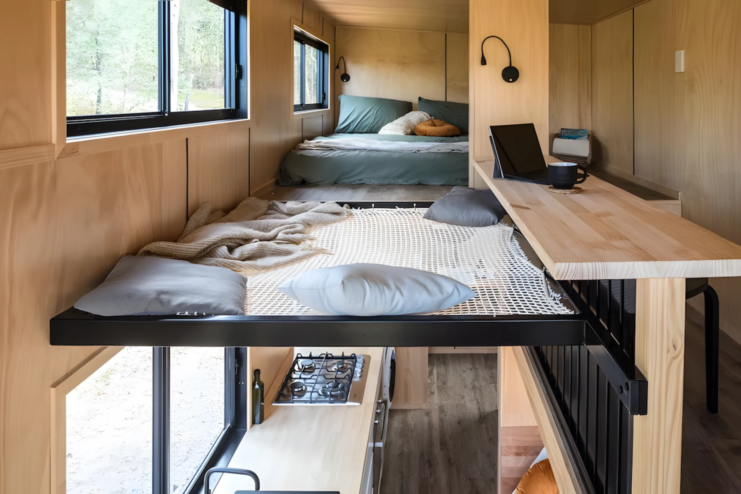 chambre et mezzanine filet Tiny house 20m2 Wildscape par Tiny Tect chambre et mezzanine filet Tiny house 20m2 Wildscape par Tiny Tect