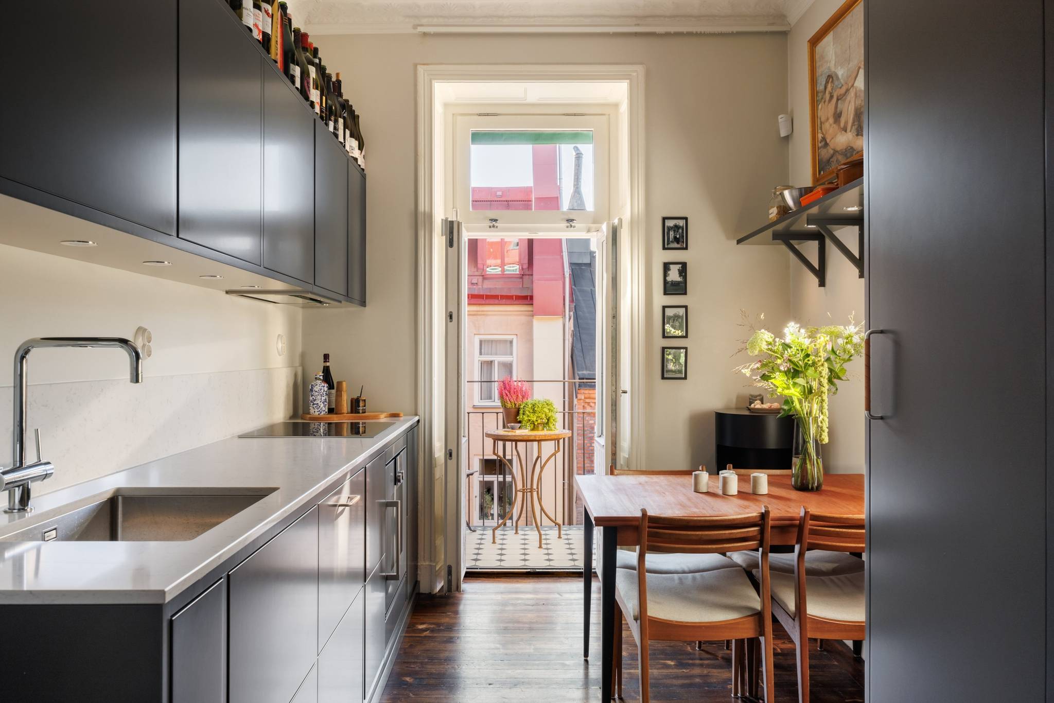 gray kitchen with balcony 