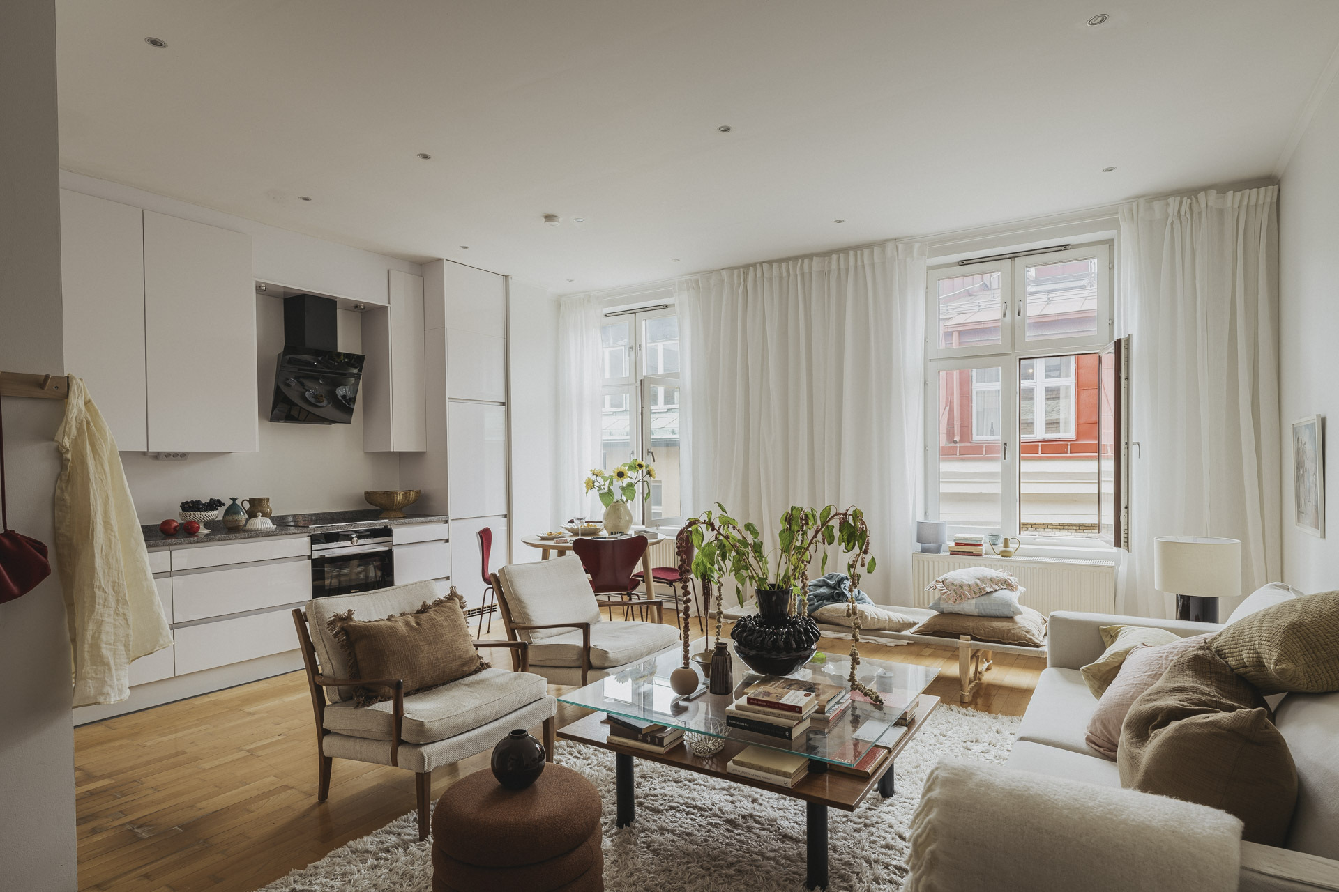 open kitchen dining room and living room neutral tons Scandinavian decor 50sqm apartment open kitchen dining room and living room neutral tons Scandinavian decor 50sqm apartment