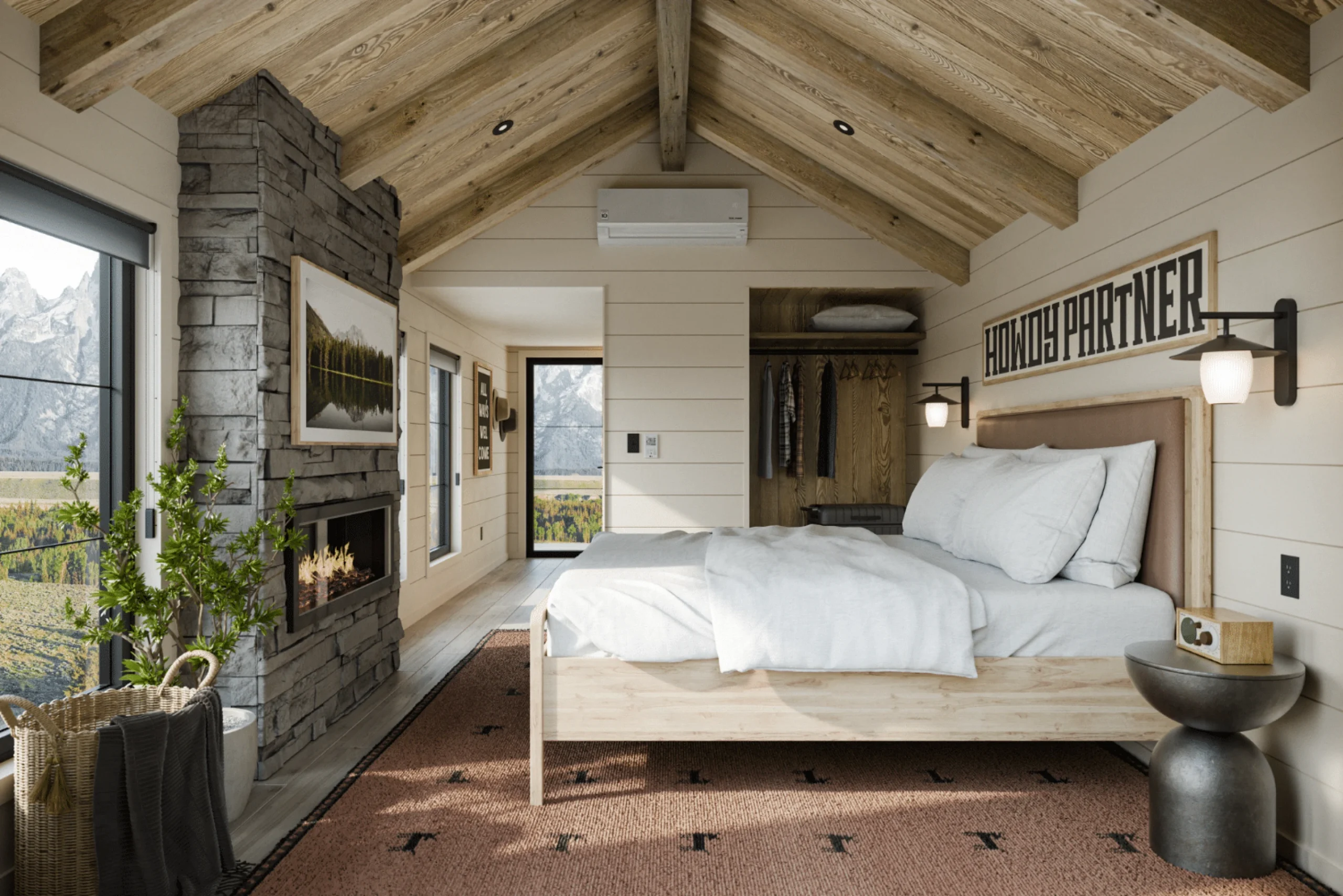 chambre avec cheminée électrique Yukon tiny house par Zook Cabins chambre avec cheminée électrique Yukon tiny house par Zook Cabins