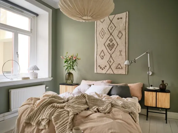 chambre mur vert décoration scandinave